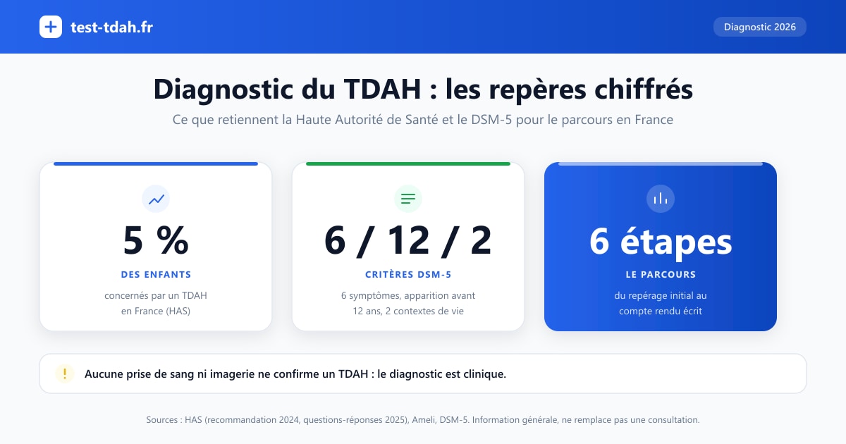 Infographie : repères chiffrés du diagnostic du TDAH en France, 5 % des enfants concernés, critères du DSM-5 (6 symptômes, apparition avant 12 ans, 2 contextes de vie) et parcours en 6 étapes